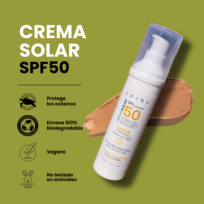 Crema solar facial SPF50 color, alta protección, apta para pieles sensibles con filtros minerales vegana, biodegradable, 50ml