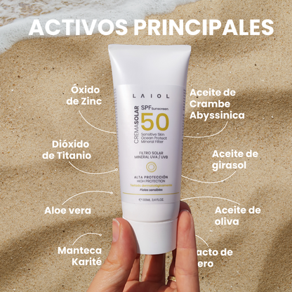 Crema solar corporal SPF50 alta protección para pieles sensibles con filtros minerales vegana, biodegradable,  100 ml