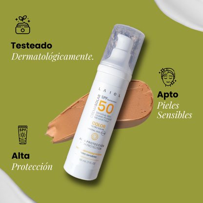 Crema solar facial SPF50 color, alta protección, apta para pieles sensibles con filtros minerales vegana, biodegradable, 50ml