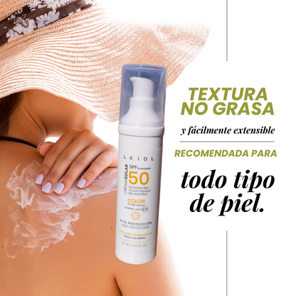 Crema solar facial SPF50 color, alta protección, apta para pieles sensibles con filtros minerales vegana, biodegradable, 50ml