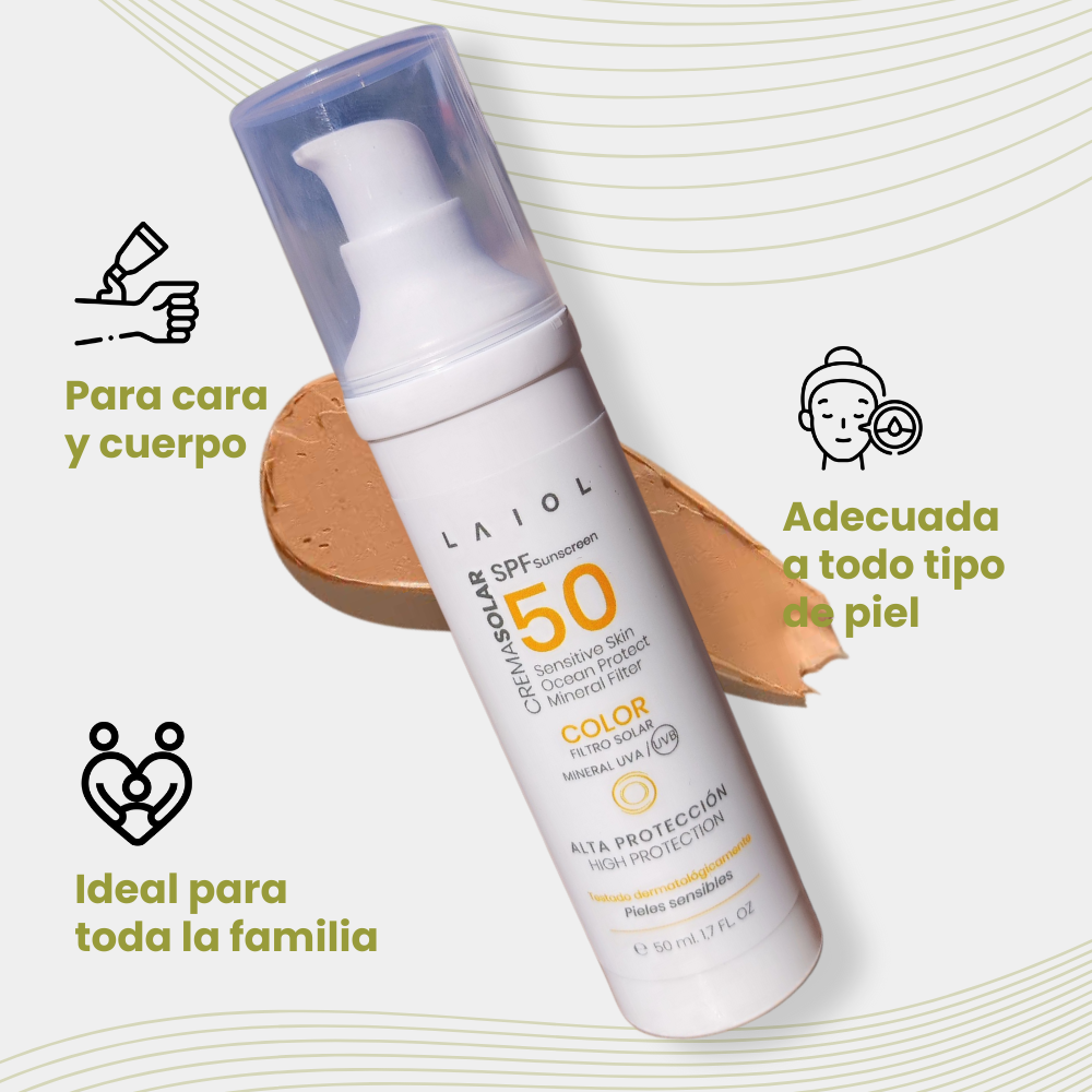 Crema solar natural SPF50, alta protección, apta para pieles sensibles con filtros minerales vegana, biodegradable