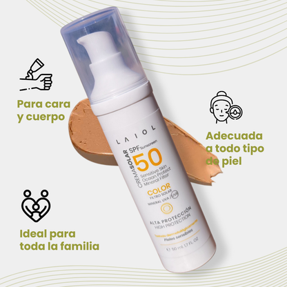 Crema solar facial SPF50 color, alta protección, apta para pieles sensibles con filtros minerales vegana, biodegradable, 50ml